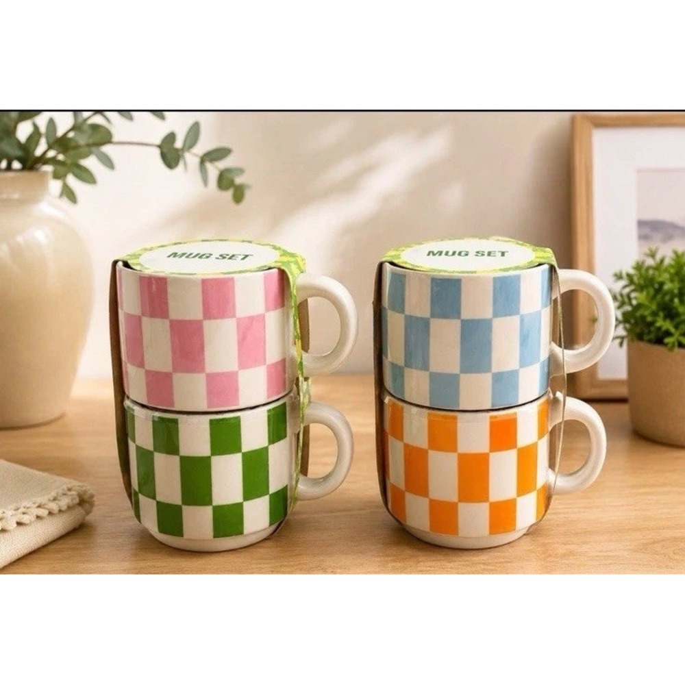 Festive Voice Checkered Mug Set 2 Pack Ceramic Coffee Mugs New
